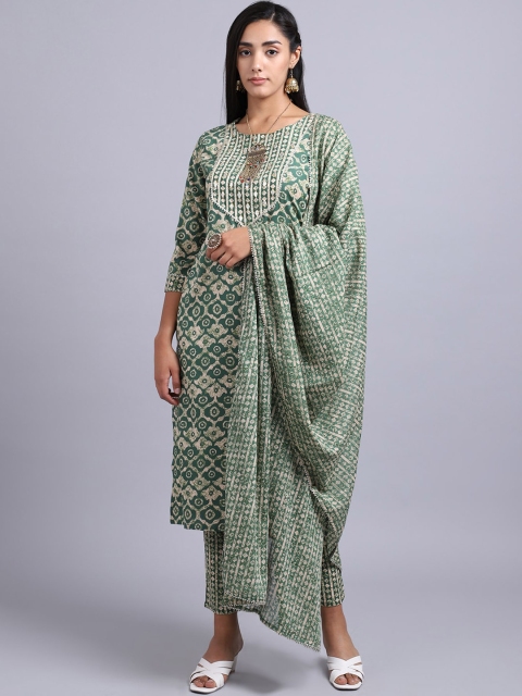 

ANAISA Women Green Ethnic Motifs Printed Pleated Gotta Patti Kurti with Trousers & With Dupatta