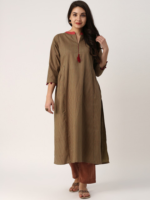

IndusDiva Women Originals Beige & Green Striped A-Line Kurta