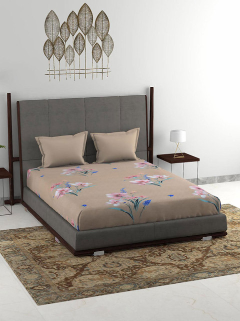

Athome by Nilkamal Beige Floral 160 TC King Bedsheet with 2 Pillow Covers