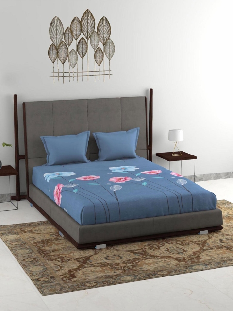 

Athome by Nilkamal Grey & Blue Floral 160 TC King Bedsheet with 2 Pillow Covers