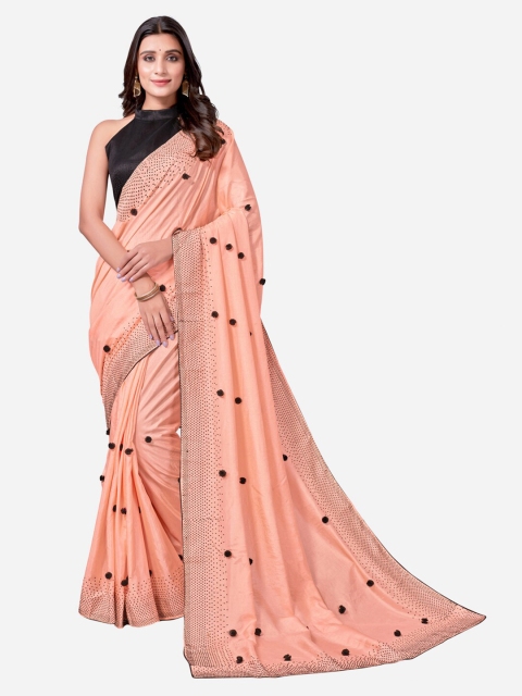 

Satrani Peach-Coloured & Black Embellished Saree