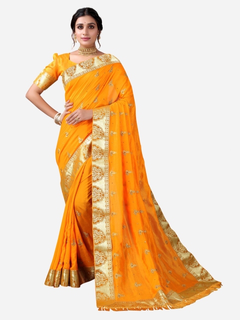 

Satrani Orange & Gold-Toned Floral Embroidered Saree