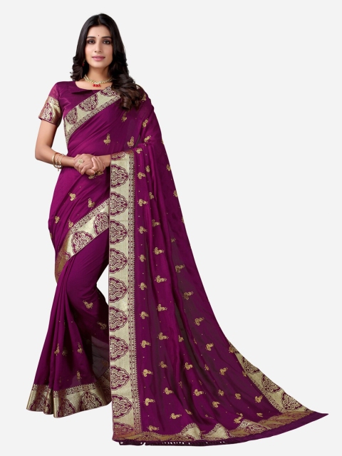 

Satrani Purple & Gold-Toned Floral Embroidered Saree
