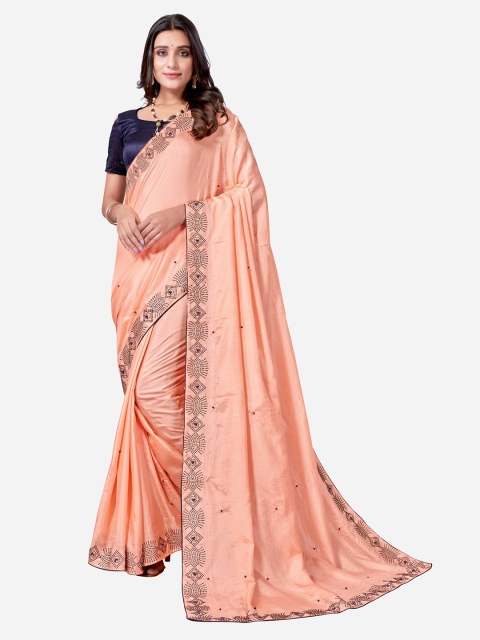 

Satrani Peach-Coloured & Navy Blue Embellished Saree