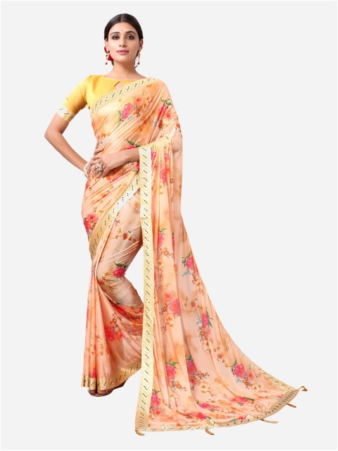 

Satrani Peach-Coloured & Red Floral Printed Beads and Stones Saree
