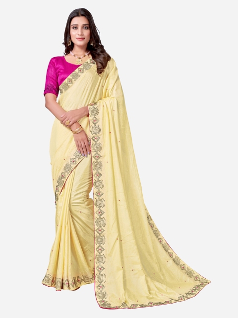 

Satrani Yellow & Pink Ethnic Motifs Beads and Stones Saree