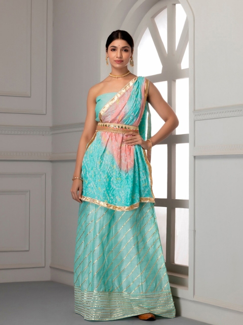 

Geroo Jaipur Blue & Pink Embellished Ready to Wear Lehenga & Unstitched Blouse With Dupatta