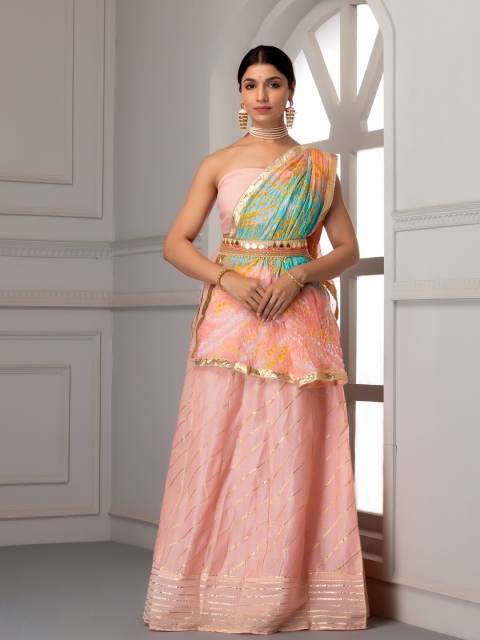 

Geroo Jaipur Pink & Gold-Toned Embellished Ready to Wear Lehenga & Unstitched Blouse With Dupatta