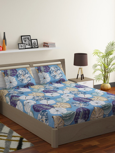 

RUGSMITH Blue & Green Floral 210 TC Cotton King Bedsheet with 2 Pillow Covers