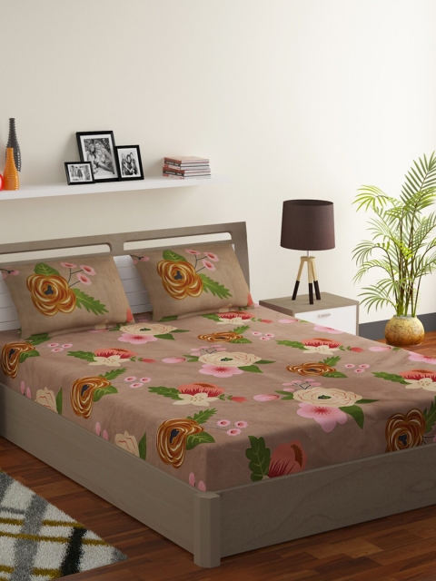 

RUGSMITH Beige & Pink Floral 210 TC Cotton King Bedsheet with 2 Pillow Covers
