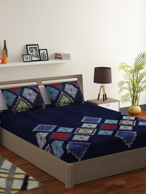 

RUGSMITH Blue & Red Geometric 210 TC King Bedsheet with 2 Pillow Covers
