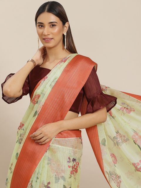 

Mitera Mint Green & Rust Orange Floral Print Jute Silk Saree with Blouse Piece