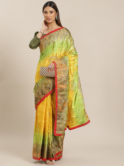 

Mitera Mustard Yellow & Green Ethnic Motifs Beaded Satin Saree