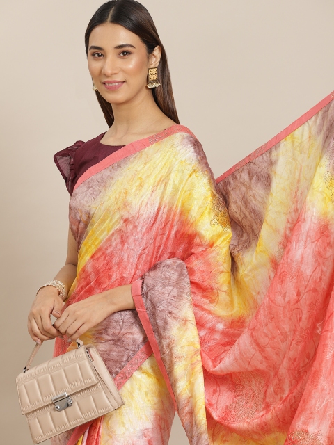 

Mitera Pink & Yellow Satin Printed Saree