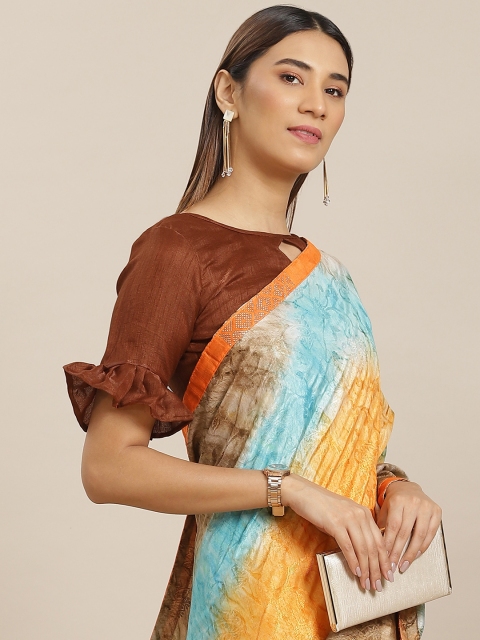 

Mitera Orange & Blue Printed Satin Saree
