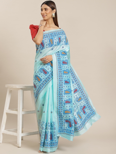 

Mitera Turquoise Blue Ethnic Motifs Print Saree