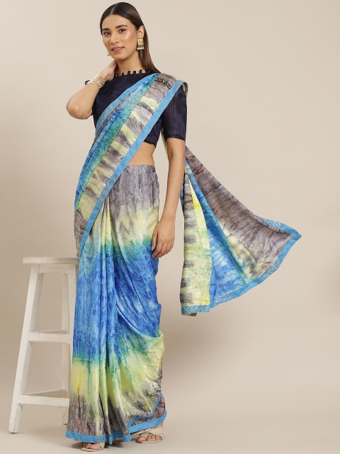 

Mitera Blue & Yellow Abstract Print Satin Saree with Blouse Piece