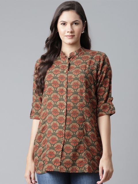 

Divena Green Print Mandarin Collar Roll-Up Sleeves Shirt Style Top