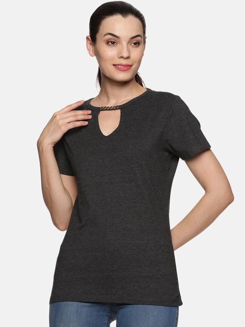 

NOT YET by us Women Charcoal V-Neck Extended Sleeves T-shirt