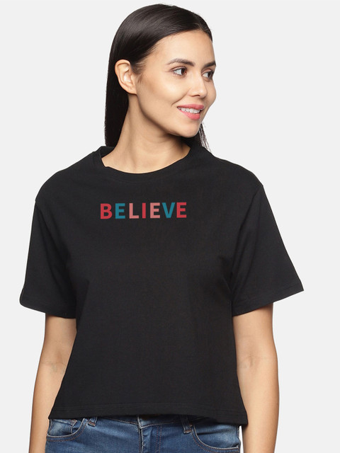 

BEVERLY BLUES Women Black Typography Printed Drop-Shoulder Sleeves T-shirt