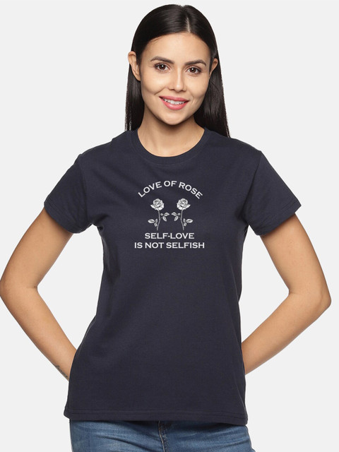 

BEVERLY BLUES Women Navy Blue Typography Printed T-shirt