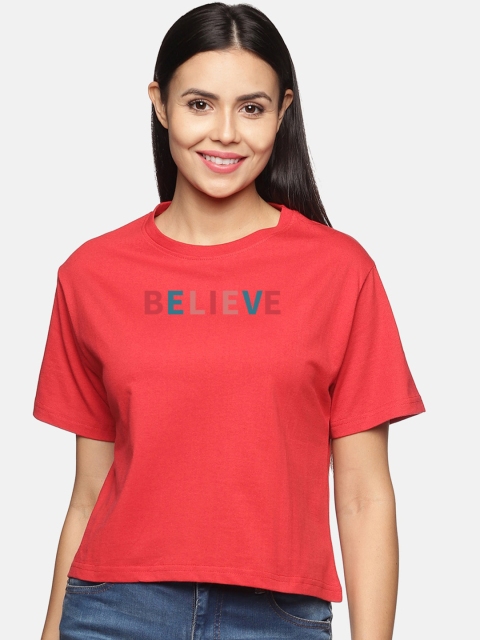 

BEVERLY BLUES Women Red Typography Printed Drop-Shoulder Sleeves T-shirt