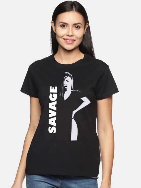 

BEVERLY BLUES Women Black Printed Raw Edge T-shirt