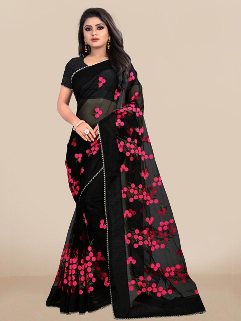 

JSItaliya Black & Pink Floral Embroidered Net Saree