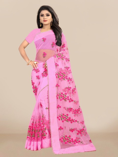 

JSItaliya Pink Floral Embroidered Net Saree