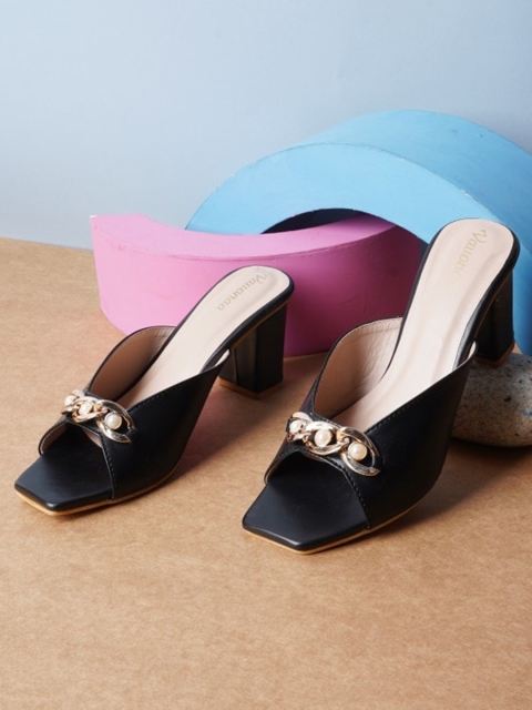 

VAYONAA Black Embellished PU Block Mules