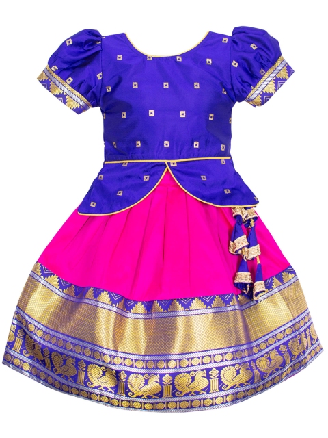 

AMIRTHA FASHION Girls Blue & Magenta Woven Design Art Silk Ready to Wear Lehenga Choli