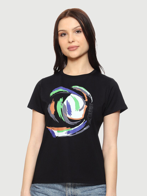 

CL SPORT Women Black Printed Applique T-shirt
