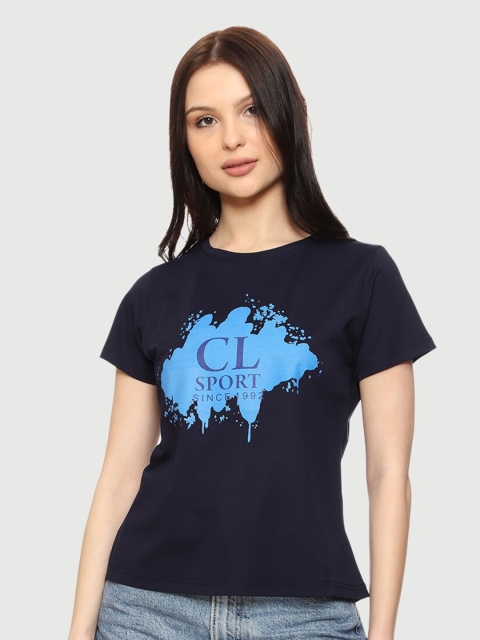 

CL SPORT Women Navy Blue Printed Tropical Applique T-shirt