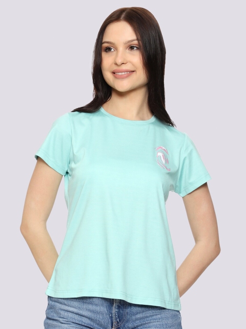 

CL SPORT Women Turquoise Blue Henley Neck Extended Sleeves T-shirt