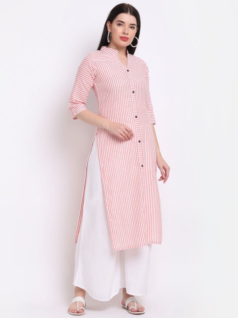 

Aarsha Women Orange Striped Flared Sleeves Thread Work Kurta