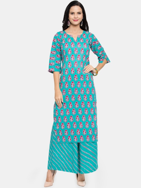 

Aarsha Women Blue Geometric Printed Keyhole Neck Mirror Work Kurta