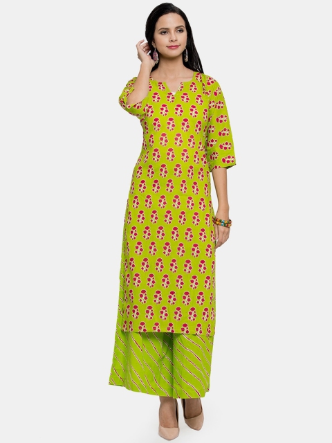 

Aarsha Women Green Floral Printed Mirror Work Kurta