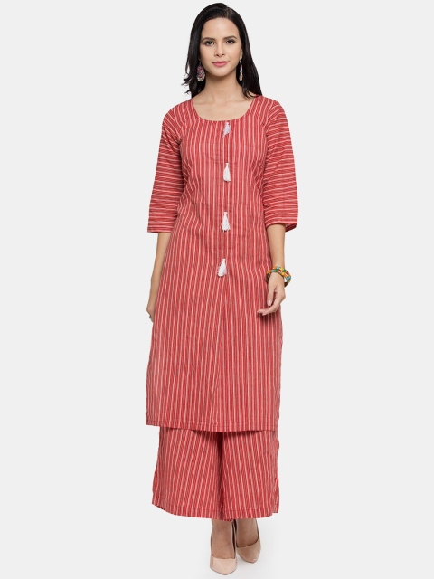 

Aarsha Women Red Striped Keyhole Neck Flared Sleeves Kurta