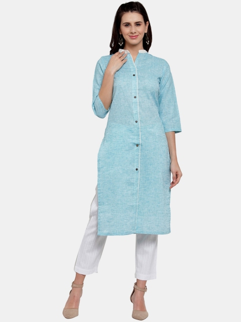 

Aarsha Women Blue Geometric Checked Thread Work Kurta