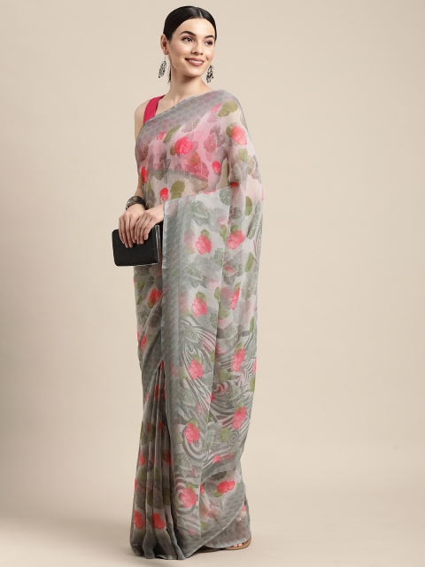

PERFECTBLUE Grey & Pink Floral Poly Georgette Saree