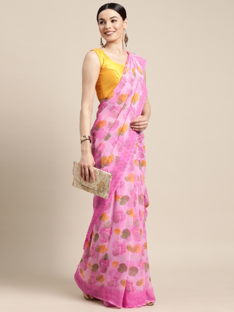 

PERFECTBLUE Pink & Green Floral Poly Georgette Saree