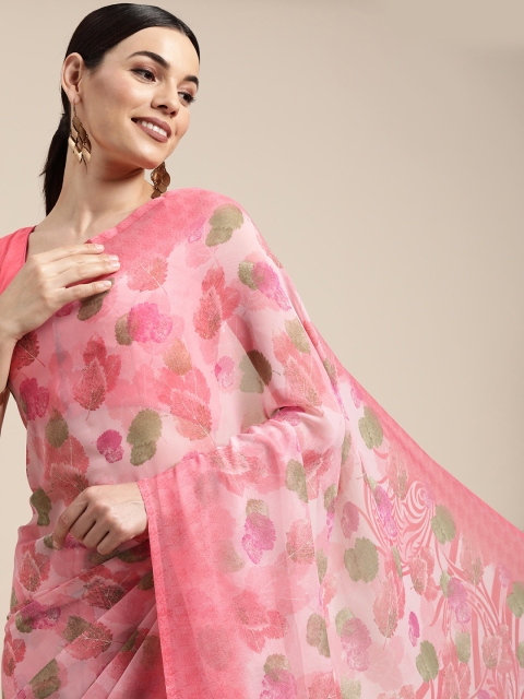 

PERFECTBLUE Peach-Coloured & Green Floral Poly Georgette Saree