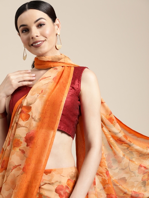 

PERFECTBLUE Orange Floral Poly Georgette Saree