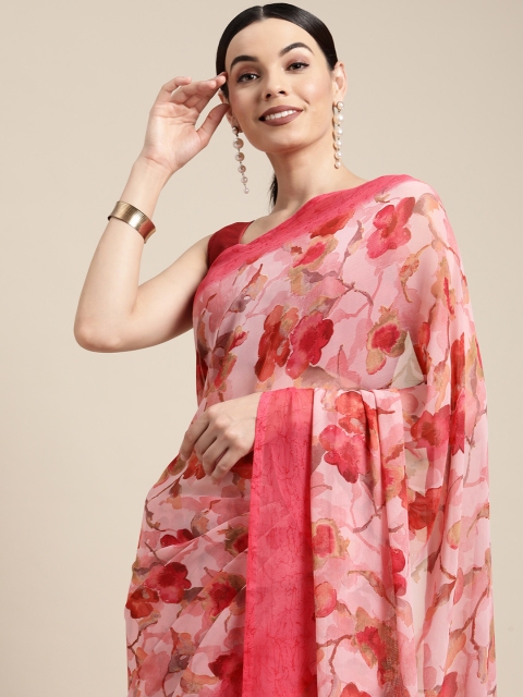 

PERFECTBLUE Peach-Coloured Floral Poly Georgette Saree