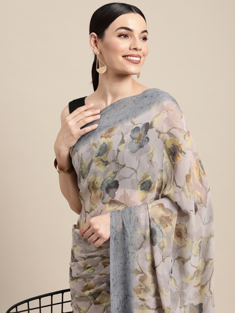

PERFECTBLUE Grey & Yellow Floral Poly Georgette Saree