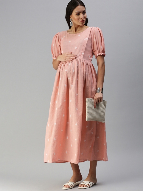 

Swishchick Women Pink & White Ethnic Woven Design Handloom Maternity A-Line Midi Dress