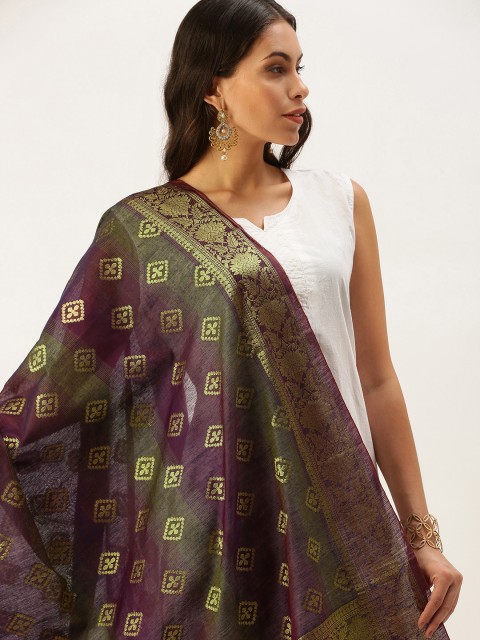 

SWAGG INDIA Purple Ethnic Motifs Woven Design Art Silk Dupatta with Zari