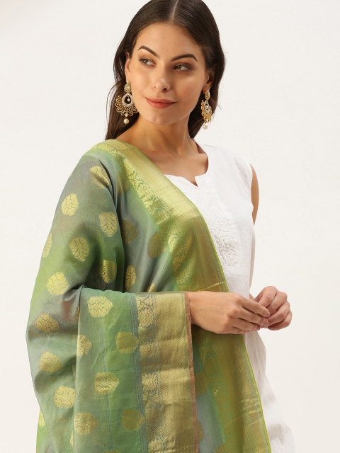 

SWAGG INDIA Green Ethnic Motifs Woven Design Art Silk Dupatta with Zari