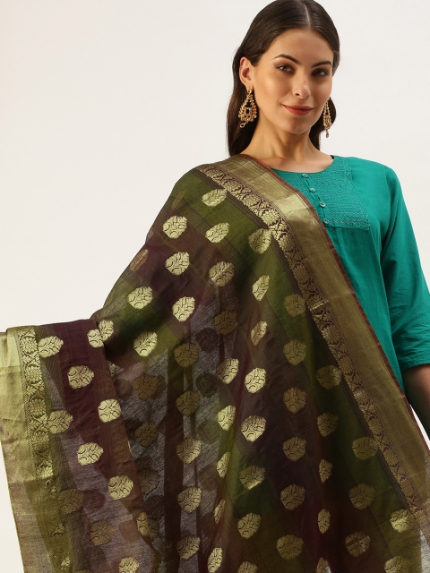

SWAGG INDIA Green Ethnic Motifs Woven Design Art Silk Dupatta with Zari