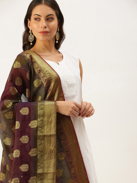 

SWAGG INDIA Purple Ethnic Motifs Woven Design Art Silk Dupatta with Zari